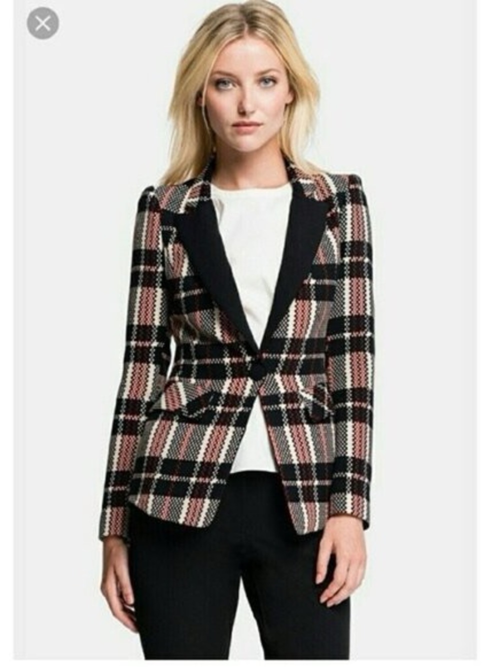 1. State black, red, and cream plaid blazer with solid black lapels